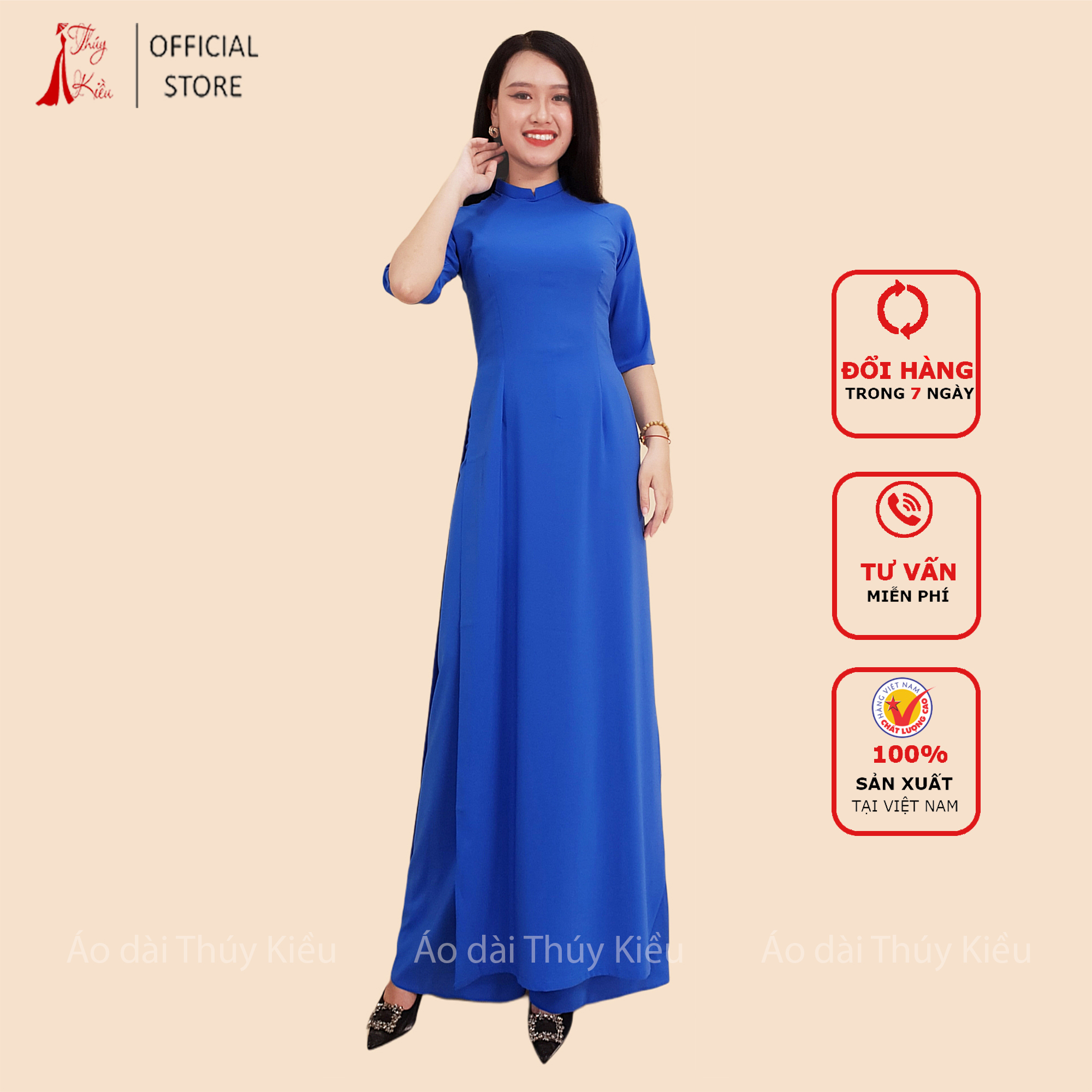 Áo dài trơn lụa Nhật cổ 2 CM màu xanh coban nhạt AK32 ❤️FREESHIP❤️ mềm mại, co giãn, thấm hút mồ hôi, áo dài truyền thống, áo dài giá rẻ
