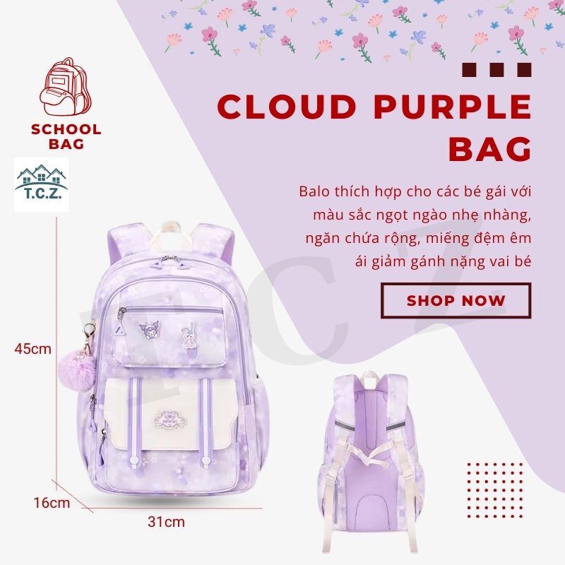 (Hàng sẵn) Balo siêu nhẹ giảm trọng lượng cho bé, balo chống gù hoạ tiết hoa tuyết rơi cho bé gái từ lớp 1 đến lớp 6, cặp sách kawaii dễ thương chất polyester chống thấm nước cho bé gái đi học tiểu học có khoá kéo kèm sticker.