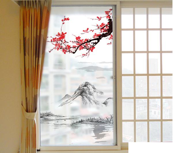 [HCM]Decal dán kính cao cấp - Phong Thủy Sông Núi và Cành Mai đỏ hữu tình ( 60x116cm )-DK1096