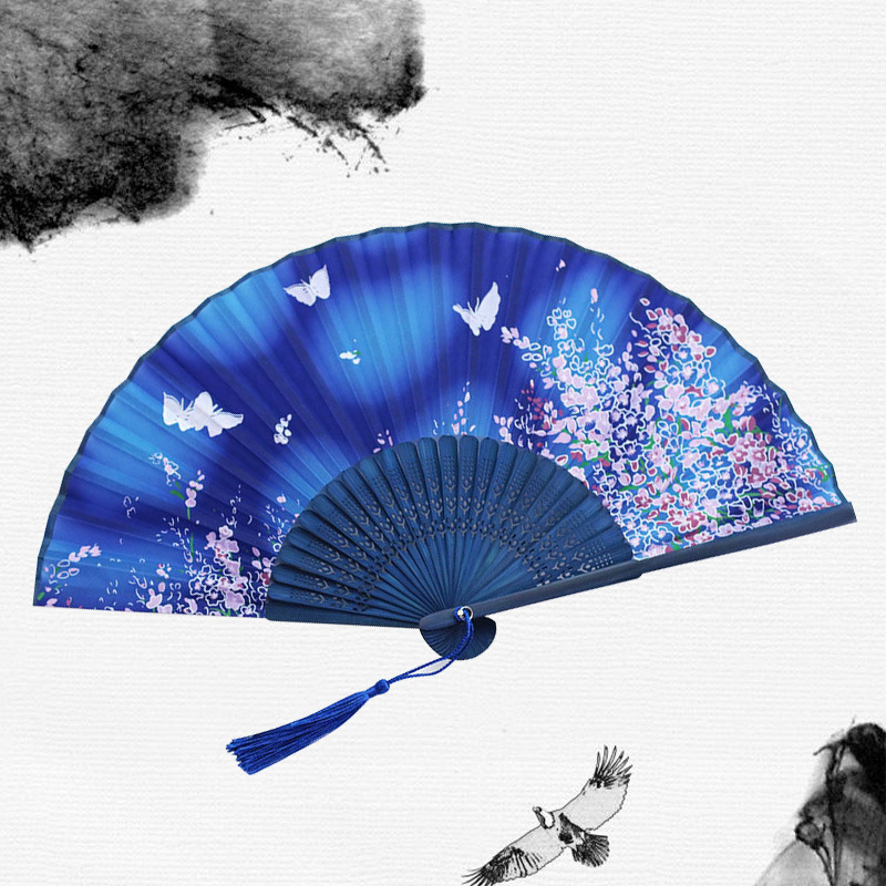 Quạt Cầm Tay Xếp Nan Trúc Vải Lụa Cổ Phong