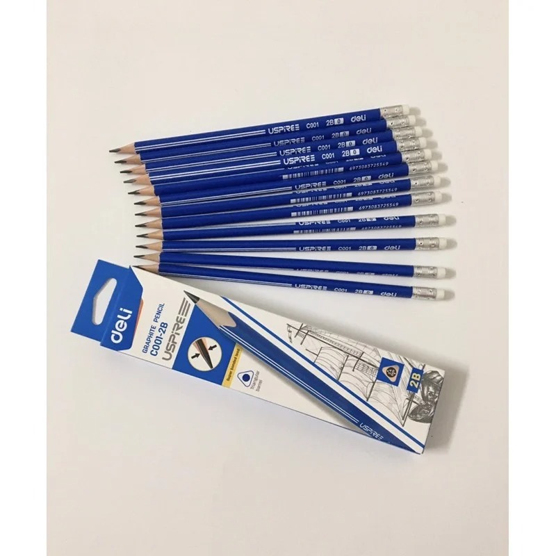 (Hộp 12 Cây) Bút chì tam giác 2B Deli EC001 Có Gôm