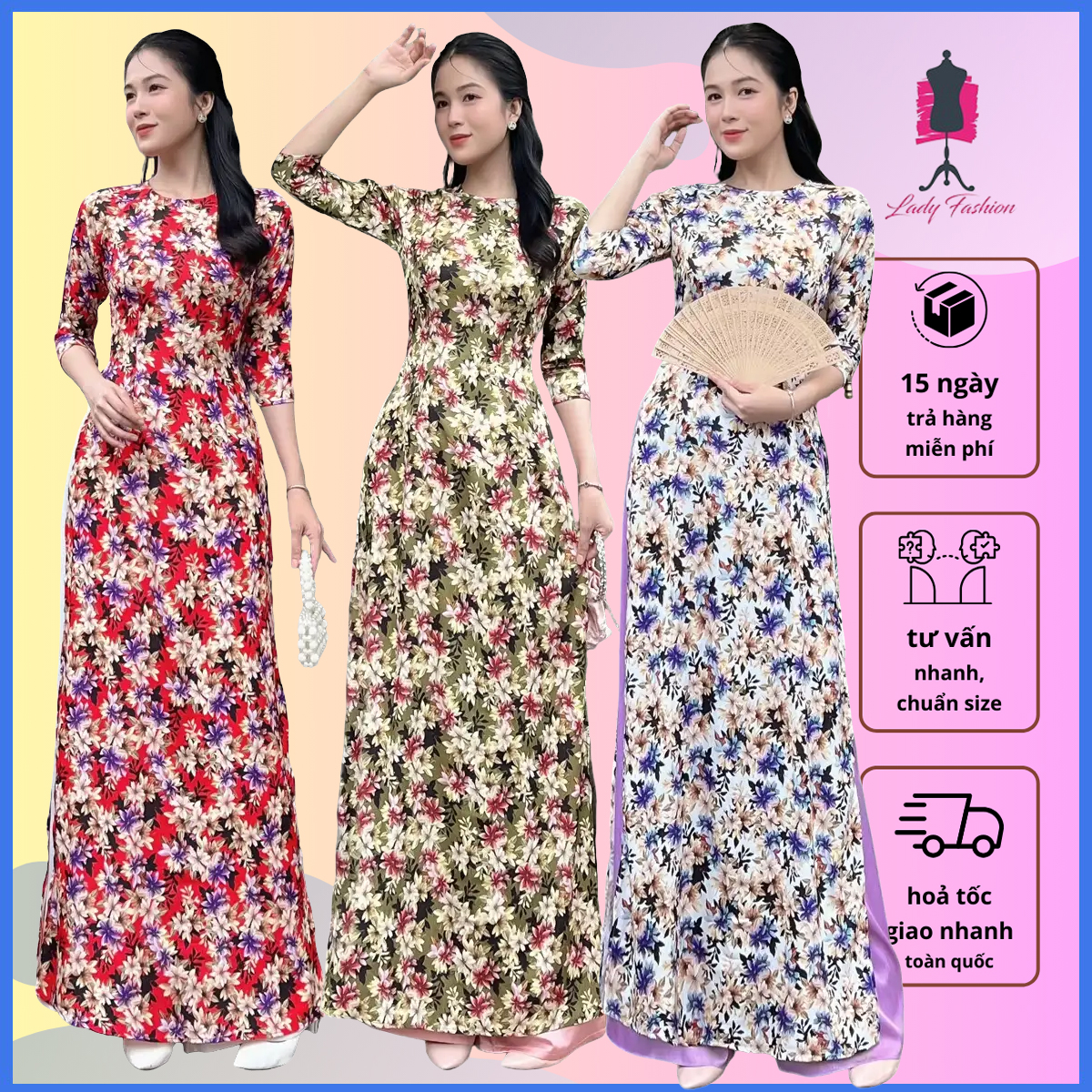 Áo dài gấm in hoa lan cổ tròn dành cho nữ thanh lịch AD022