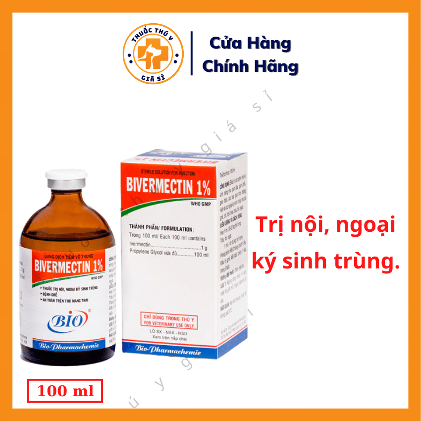 "Hoàn tiền đến 10%" Bio Bivermectin 1% 100ml - Trị Nội, Ngoại Ký Sinh Trùng, Bệnh Ghẻ, An Toàn Trên Thú Mang Thai - Thú Y Giá Sỉ
