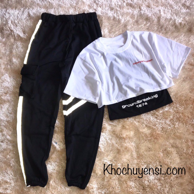 ☀️Set Quần Nỉ Phản Quang + Áo Croptop ( Kèm Lót)
