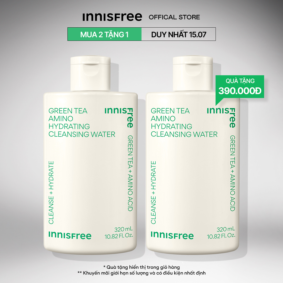 1517.08 Quà tặng 150k Bộ 2 Nước tẩy trang dưỡng ẩm Innisfree Green Tea Cleansing Water 300ml