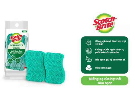 SCOTCH-BRITE™ MIẾNG CỌ RỬA HẠT MÀI NỔI CÓ MÚT SIÊU SẠCH ( Bịch 2 miếng)