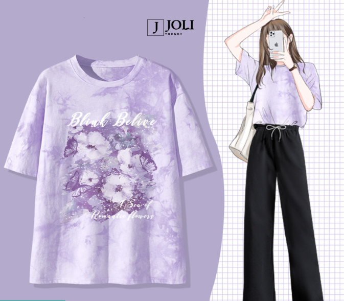 Áo Thun Loang, Áo Phông Nam Nữ Unisex Tay Lỡ By JOLI BST Màu Tím In Hình Chất Cotton Form Rộng