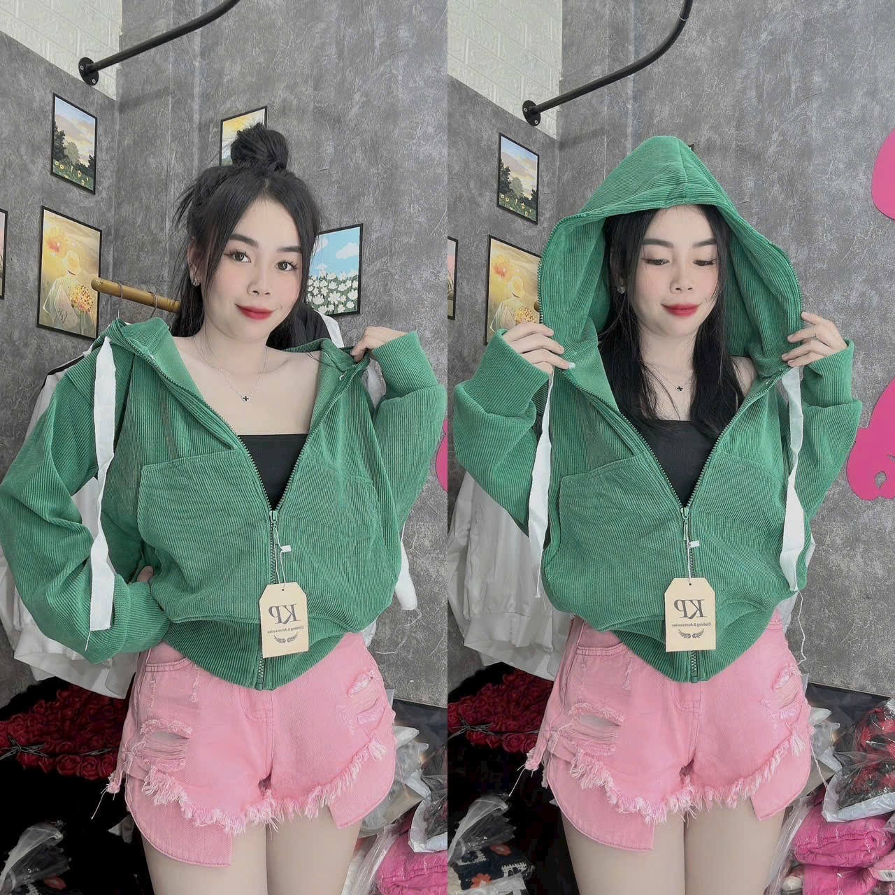 Áo khoác len nhung gân 4 túi kiểu croptop tay cánh dơi cực sành điệu_xt