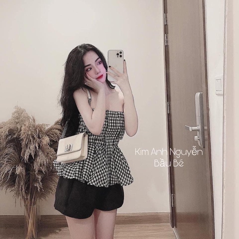Set áo kẻ caro cúp ngực kèm quần short