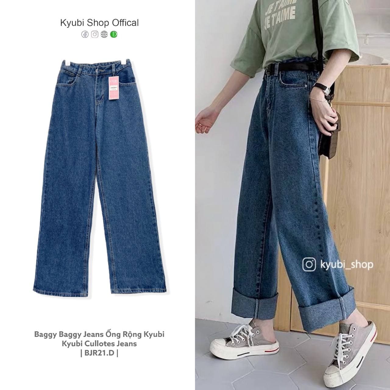 [VOUCHER 12%/149K] Quần Jean baggy nữ ống rộng Ulzzang Kyubi lưng cao xanh đậm có Bigsize - Quần jean paggy Kyubi BJR21.D