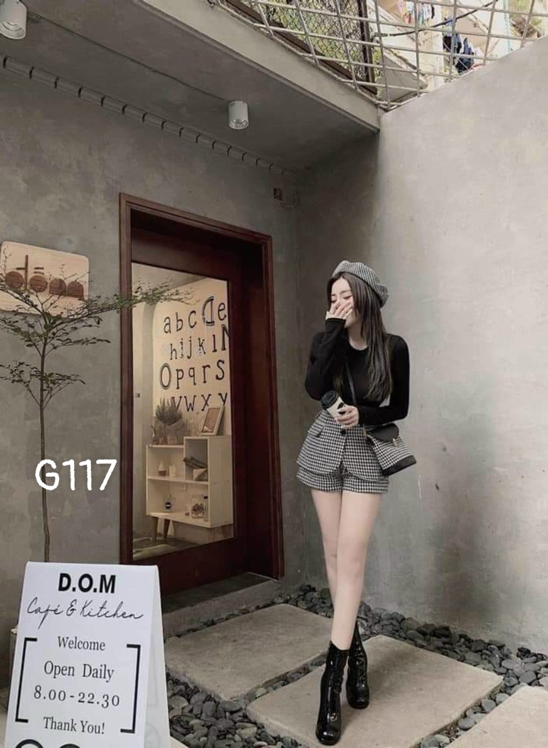 Set áo cổ tròn tay dài kèm quần giả váy kate caro set ao vay