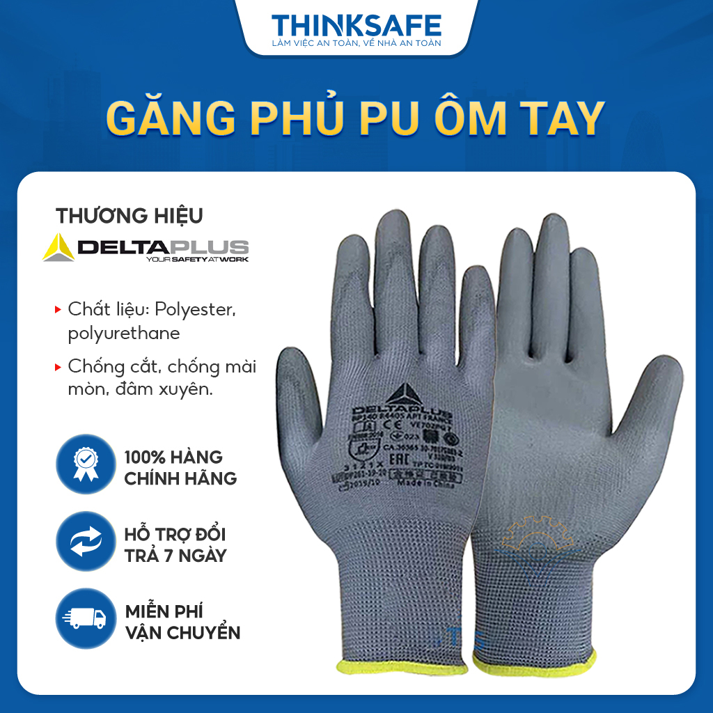 Găng tay lao động Deltaplus VE702PG phủ PU chống cắt chống dầu Bao tay lao động ôm tay thao tác chính xác -Thinksafe