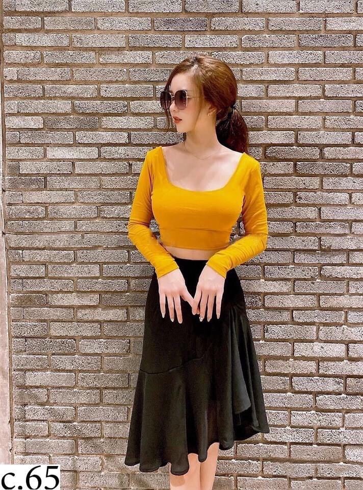 SÉT ÁO TAY DÀI ÔM BODY TRỐNG LƯNG VÀ CHÂN VÁY XÒE THỜI TRANG THIẾT KẾ LANCHI L070