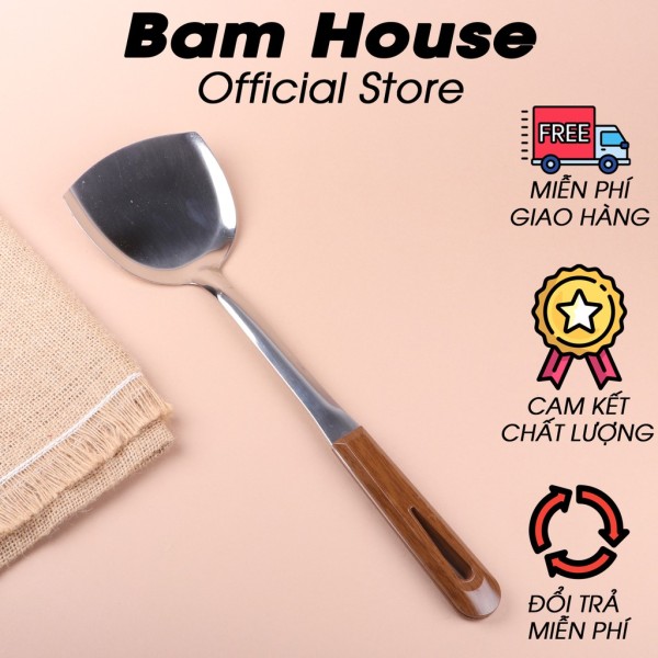 Xẻng lật chiên xào đồ ăn loại lớn inox 304 Bam House cán họa tiết gỗ cao cấp XL01 – Gia dụng bếp