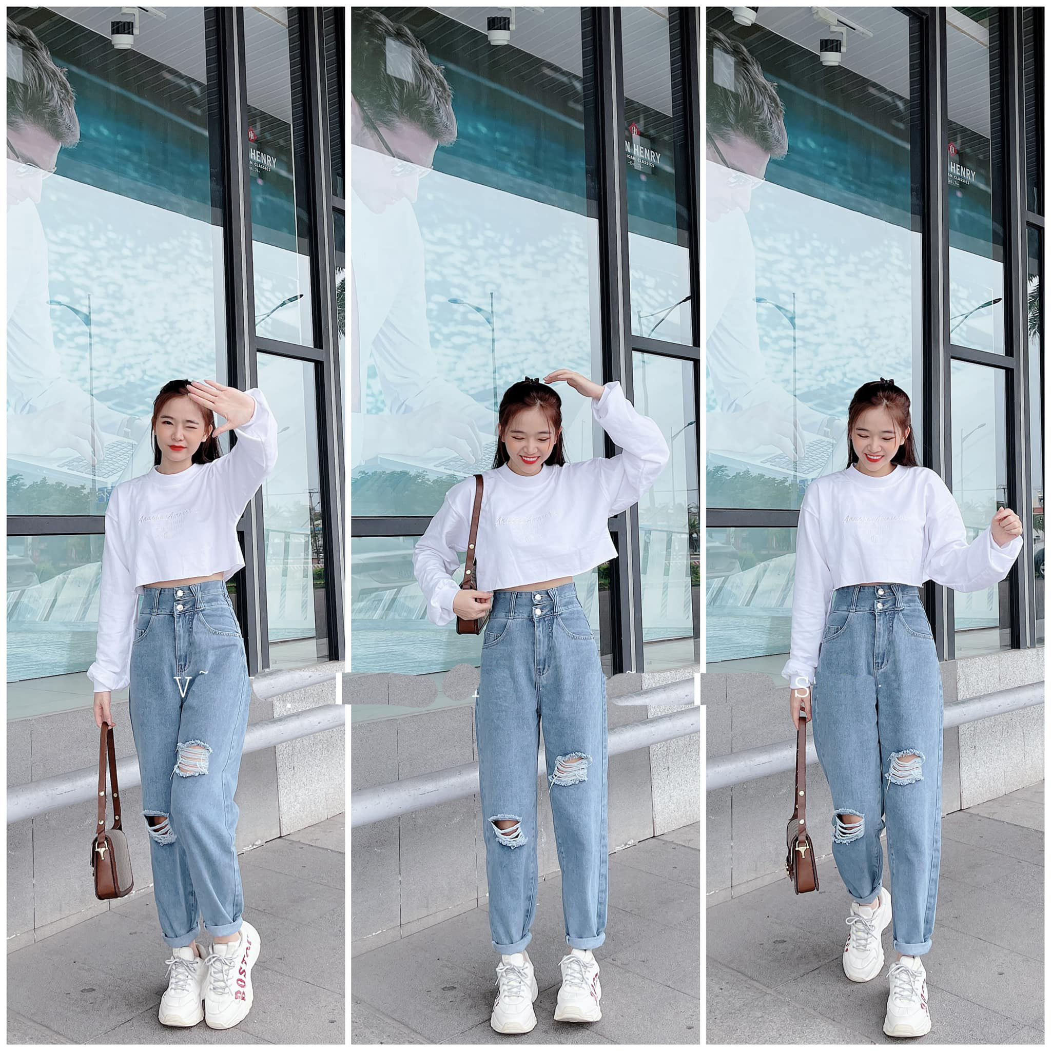 [ BANH NÓC ] QUẦN BAGGY JEANS NỮ LƯNG CAO 2 NÚT XẺ NỮA ĐĨA CHÉO PHỐI RÁCH 2 GỐI TO LAI CUỐN FORM TÔN DÁNG SIÊU ĐỈNH CỰC XỊN SÒ