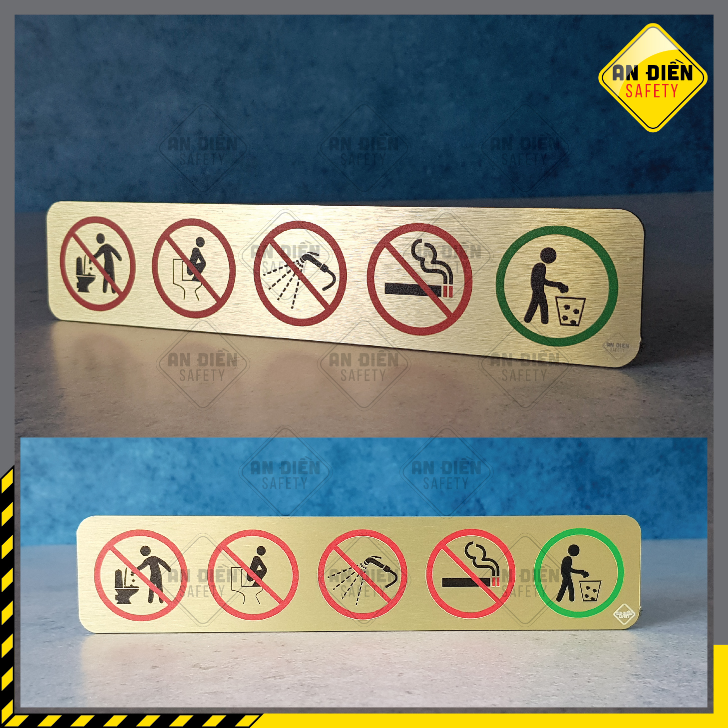 [HCM]Biển báo An Điền Safety - Biển báo Cấm trong phòng vệ sinh bề mặt hợp kim ánh vàng óng ánh sang trọng