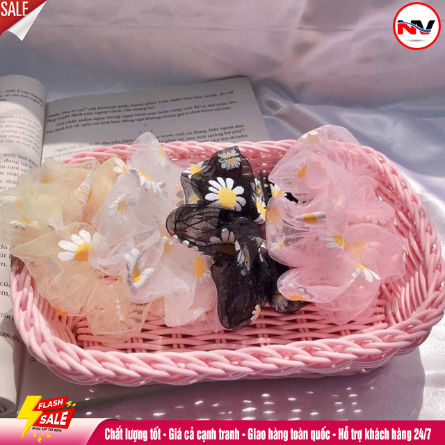 Dây Buộc Tóc Scunchies Vải Hoa Cúc Hàn Quốc Cho Nữ