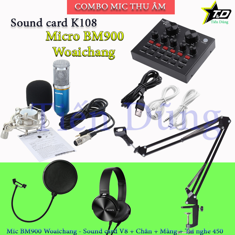 BỘ MIC THU ÂM BM900 WOAICHANG SOUND CARD V8 CHÂN MÀNG DÂY tặng TAI NGHE sonyyy( Đã có Dây Live stream)