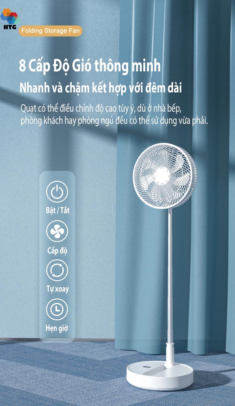 Quạt điện gia đình không dây gấp gọn đa năng,siêu mát, có hẹn giờ, 8 cấp độ gió, có remote HTGP30