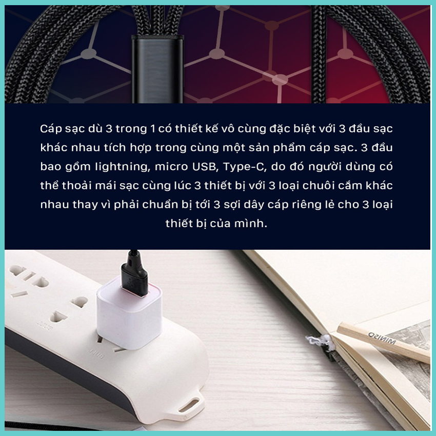 Sạc ba đầu, dầy đủ tích hợp, USB,