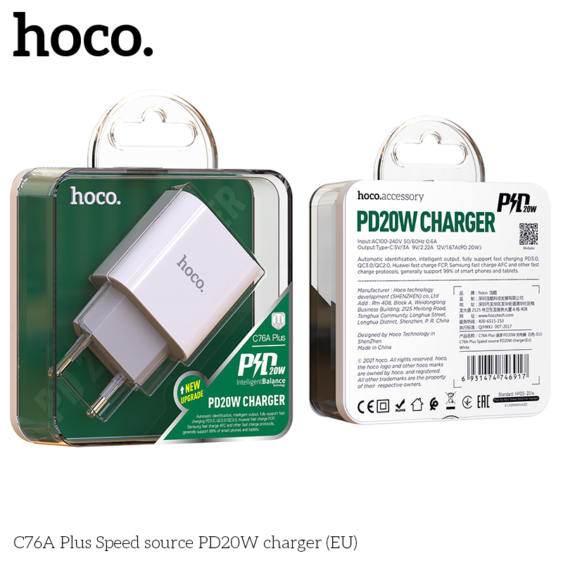 Cốc sạc nhanh Hoco C76A Plus cổng Type-C PD 20W (Trắng) - Nhat Tin Authorised Store