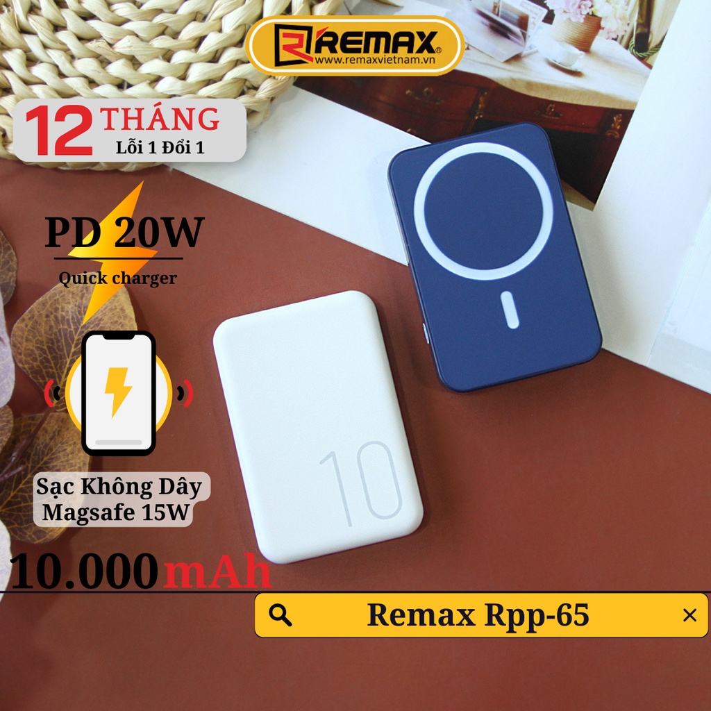 Sạc dự phòng không dây 10000mah Remax RPP 65 hỗ trợ sạc không dây 15w và sạc nhanh 2 chiều 20w Remax Việt Nam 1 Đổi 1 Trong 12 Tháng