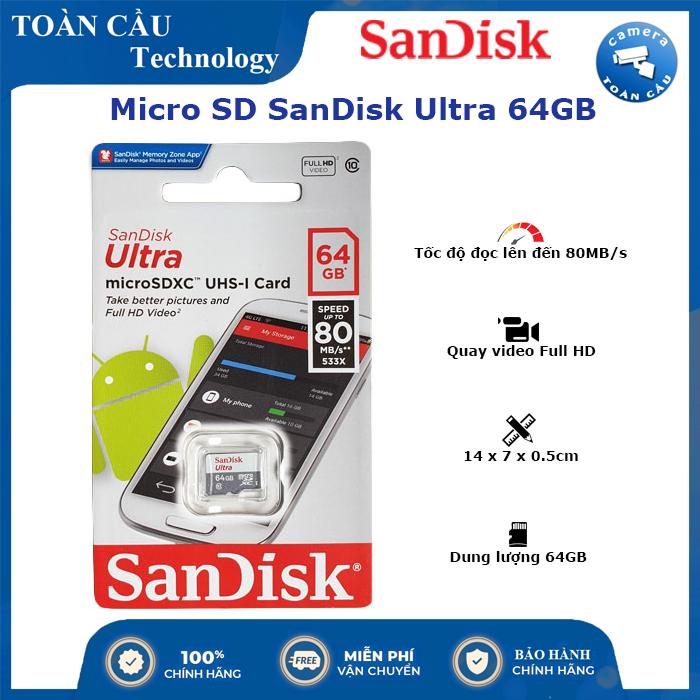 Thẻ nhớ micro sd sandisk ultra 64gb class 10 - camera toàn cầu