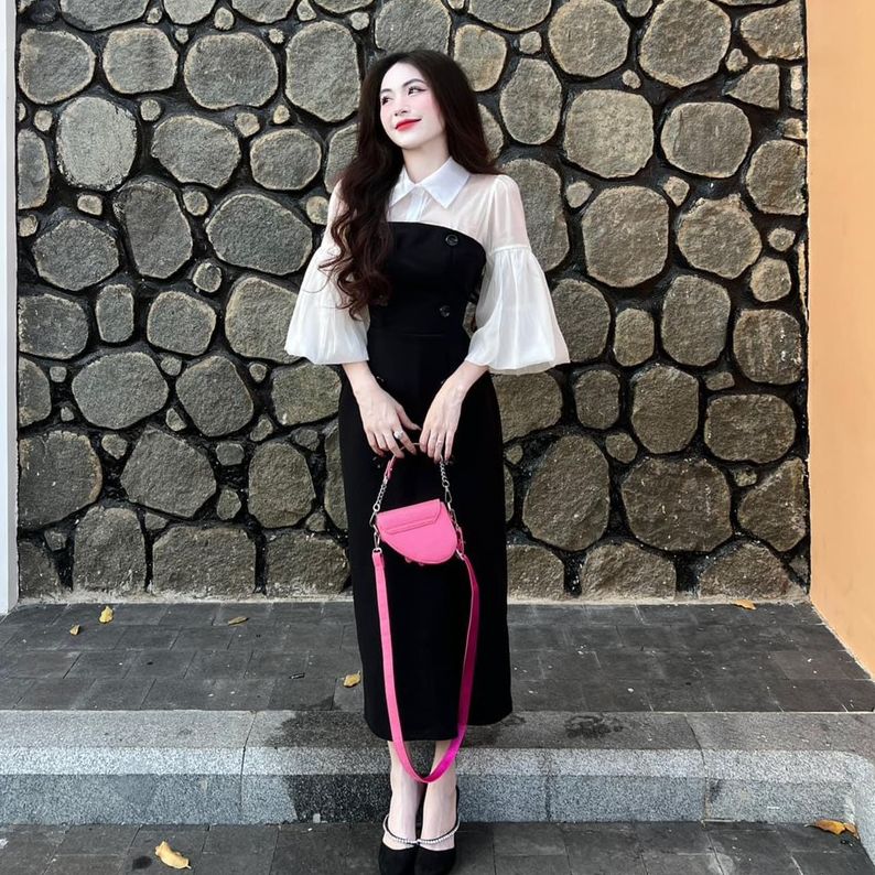 Đầm mango phối tay voan cổ sơ mi thiết kế sang trong thanh lịch
