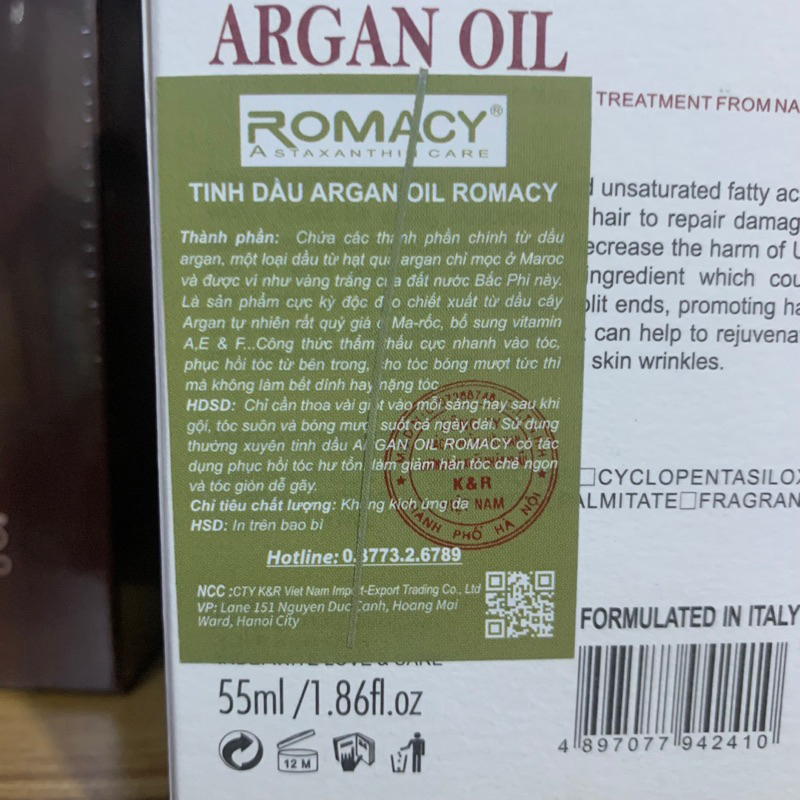 TINH DẦU DƯỠNG TÓC ROMACY ASTAXANTHIN ARGAN OIL 55ML