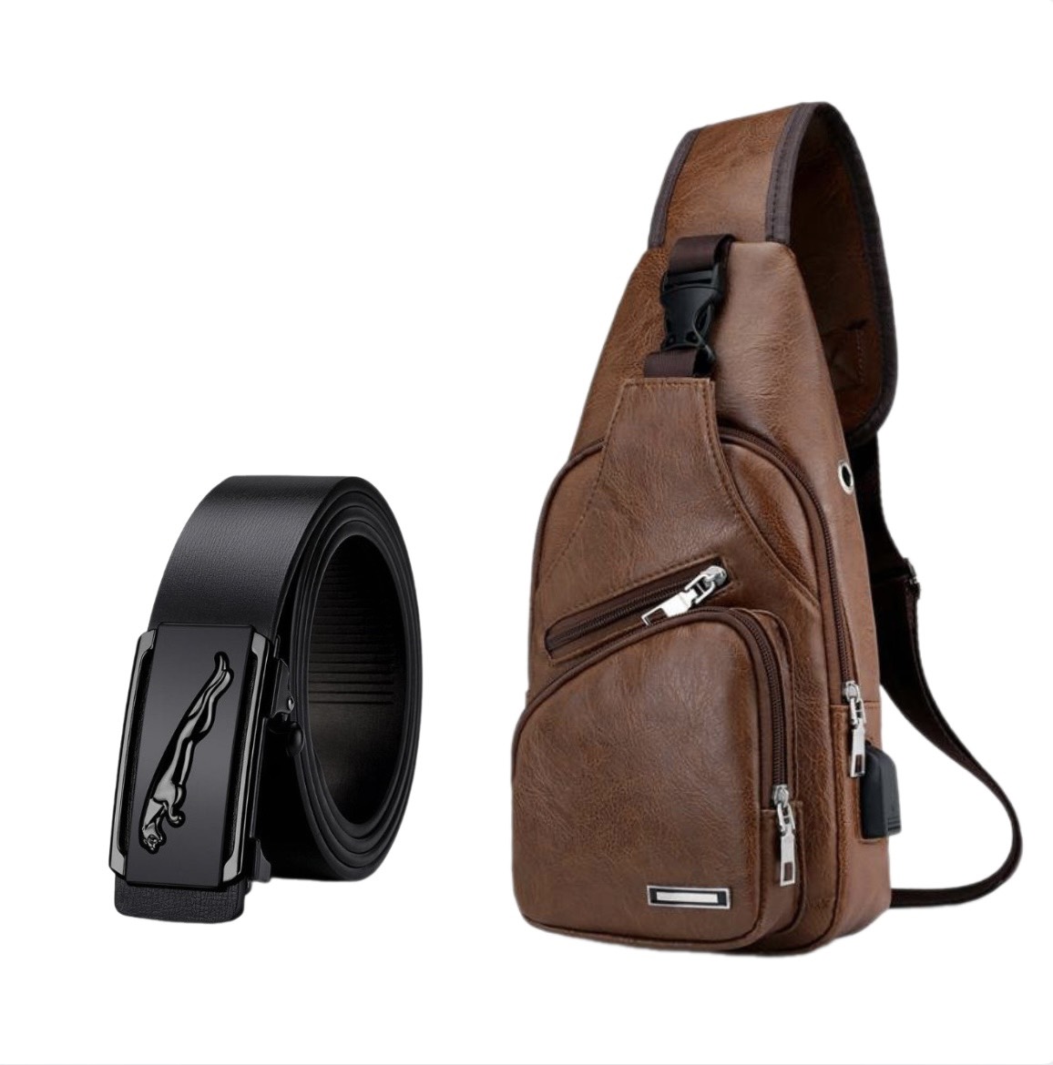 Combo Túi da đeo chéo DC197 Thắt Lưng da nam MP08 (đen)