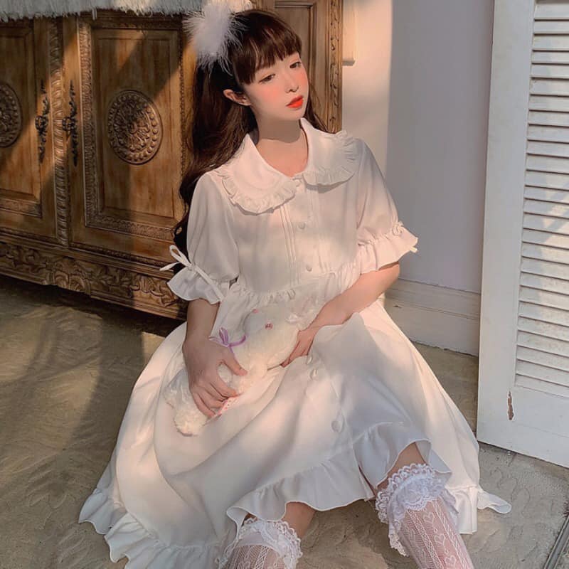 đầm nữ cổ bèo viền -váy babydoll hàn quốc kiểu tay bồng vintage -ulazzang ,váy xinh tiểu thư dễ thương siêu rẻ đi chơi đi học đi làm đều rất đẹp