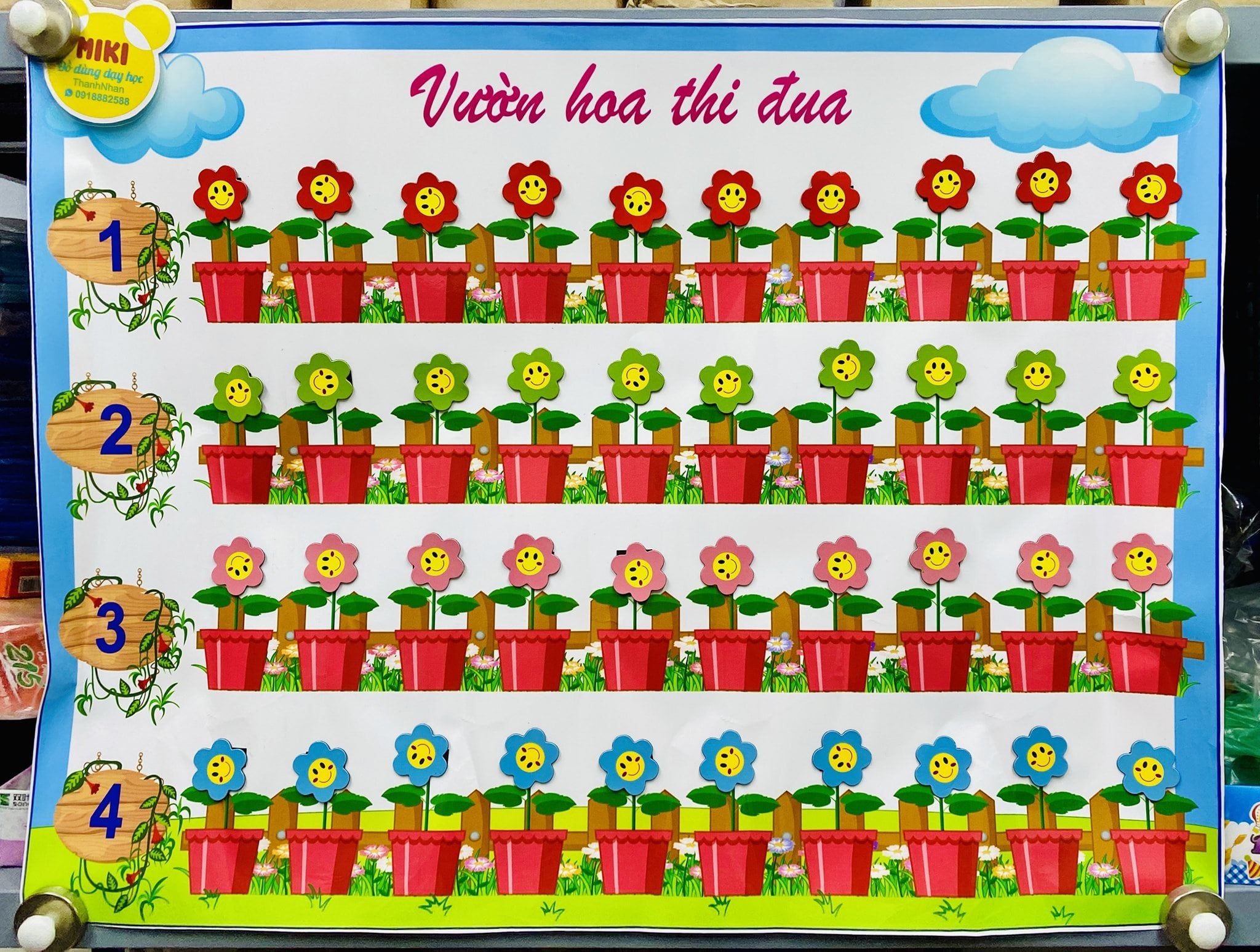 Tranh decal vườn hoa thi đua 4 nhóm + 40 hoa ép plastic + 40 cặp gai dính