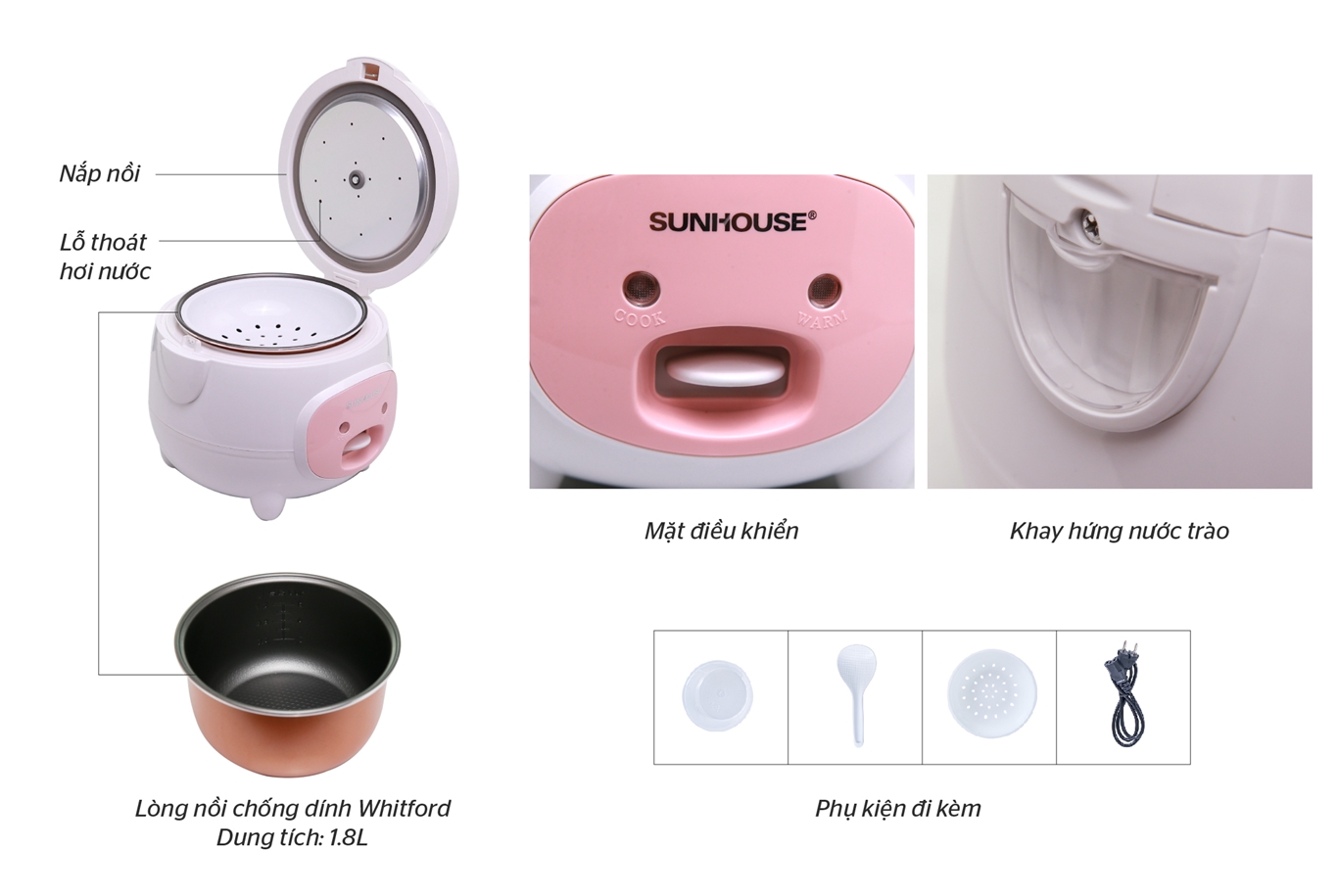 Nồi cơm điện 1.8L SUNHOUSE SHD8607W