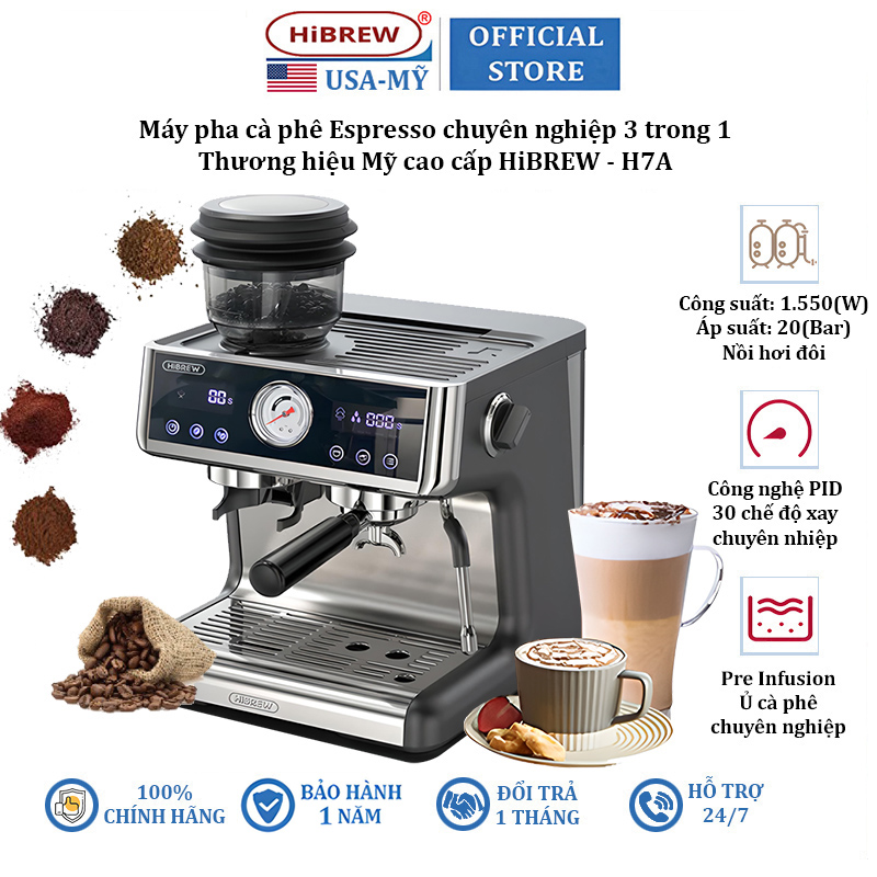Máy pha cà phê Espresso chuyên nghiệp 3 trong 1 thương hiệu Mỹ HiBREW H7A
