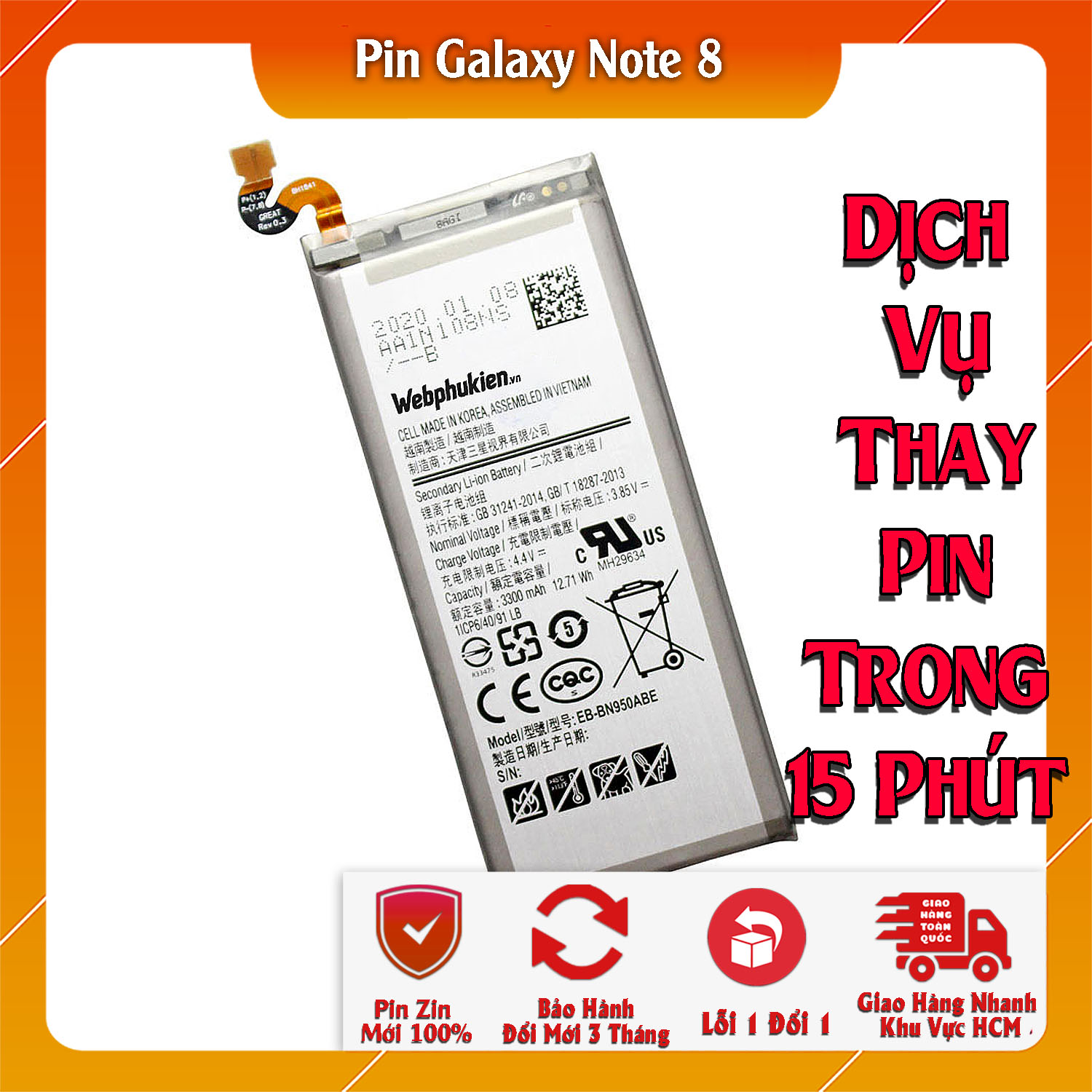 Pin webphukien cho Samsung Galaxy Note 8 EB-BN950ABE 3300mAh (Trắng)