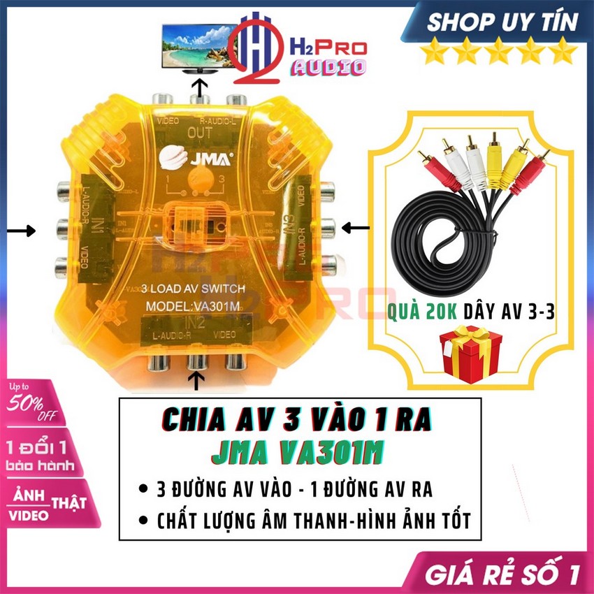Bộ Chia AV 3 Vào 1 Ra, Bộ Chia Tín Hiệu Âm Thanh JMA VA301M Cao Cấp, Âm Thanh Ra Tốt-Quà 20K Dây AV 3-3-H2Pro Tech