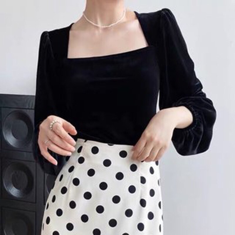 Áo nhung cổ vuông tay phồng tiểu thư
