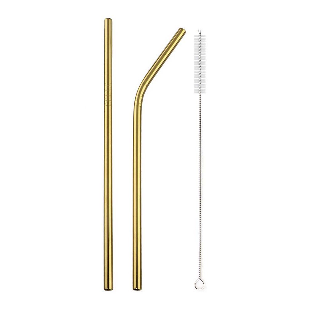 Sét 2 Ống Hút Inox #304 + Cọ Rửa _ Mạ Vàng [ Kích Thước: 26.5cm ]