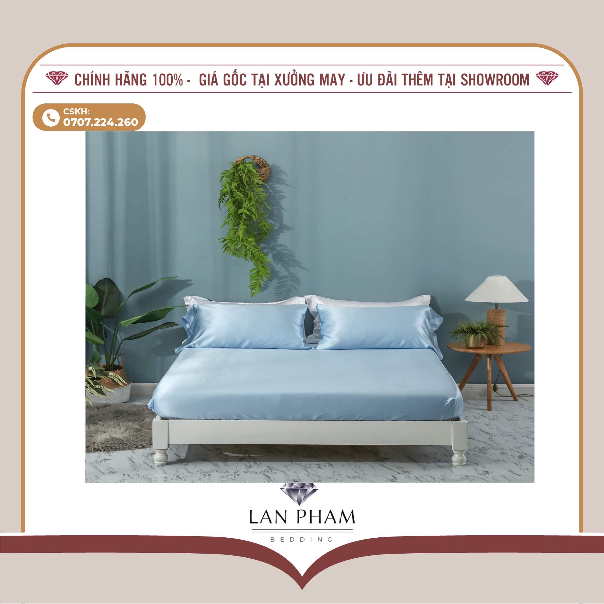 BỘ GA GIƯỜNG DRAP GỐI PHI LỤA MÀU XANH DA TRỜI CAO CẤP LAN BEDDING