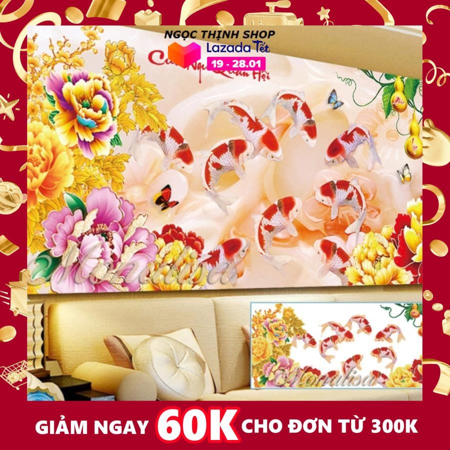 1Tranh Đính Đá Cửu Ngư Quần Hội Y8224 Kích thước :160x75cm. Màu sắc tươi tắn, hạt đá ABC cao cấp. Vải chart in chuẩn 100%, hạt đá chất lượng cao Phụ kiện đầy đủ, in màu chính xác. Đây Là Bộ phụ Kiện, Không Phải tranh thành phẩm