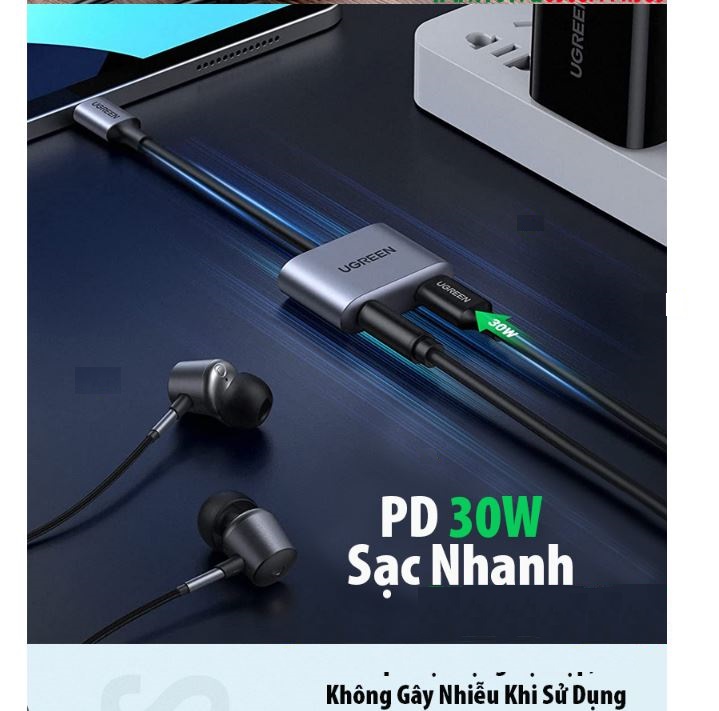 Cáp USB Type-C Sang Cổng Audio 3.5mm Ugreen 60164 (hỗ trợ nguồn PD Type C) Chính Hãng