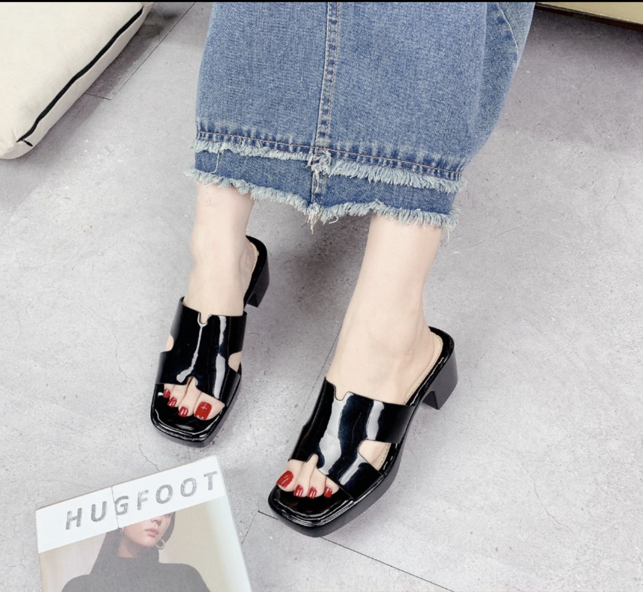 Guốc da bóng chữ H cao 5 phân gót to cao cấp hh99