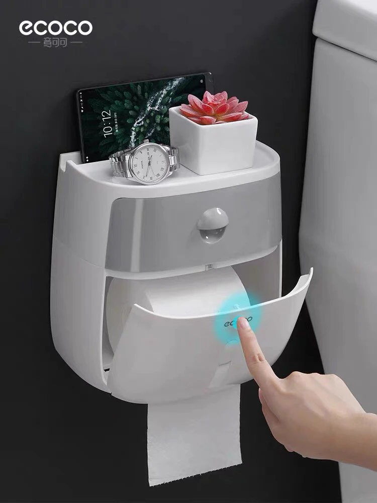 Hộp giấy vệ sinh nhà tắm ECOCO 2 tầng - kệ nhựa toilet đựng khăn giấy dán tường có ngăn đựng đồ dùng cá nhân