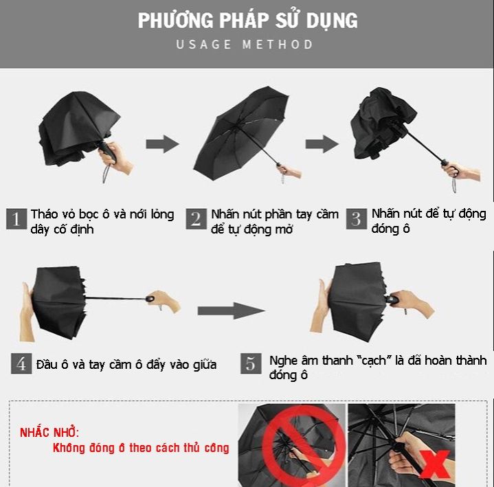 Ô TỰ ĐỘNG đóng mở Gấp Gọn 2 Chiều - Dù che nắng cầm tay chống tia UV, 10 nan chắc chắn