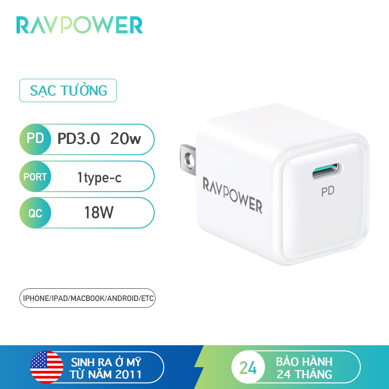 Củ sạc RAVPower iPhone 12 Super Nano, củ sạc treo tường 1 gói 20W USB C PD, RP-PC150