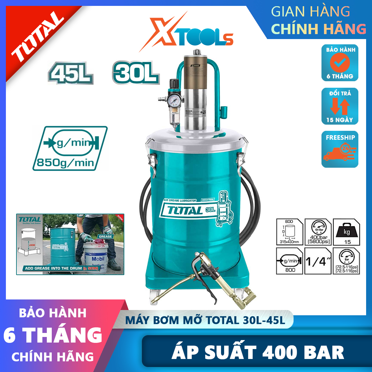 Total tht118302 pneumatic grease pump 30l-45l volume 30l-45l 400 pressure 850 bar 440 g/p pipe length mm