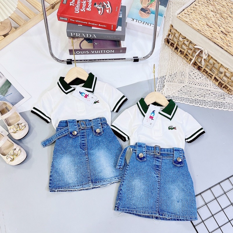 Size đại 18-28kg: bộ laco ste chân váy jeans sành điệu cho bé gái - blcvj
