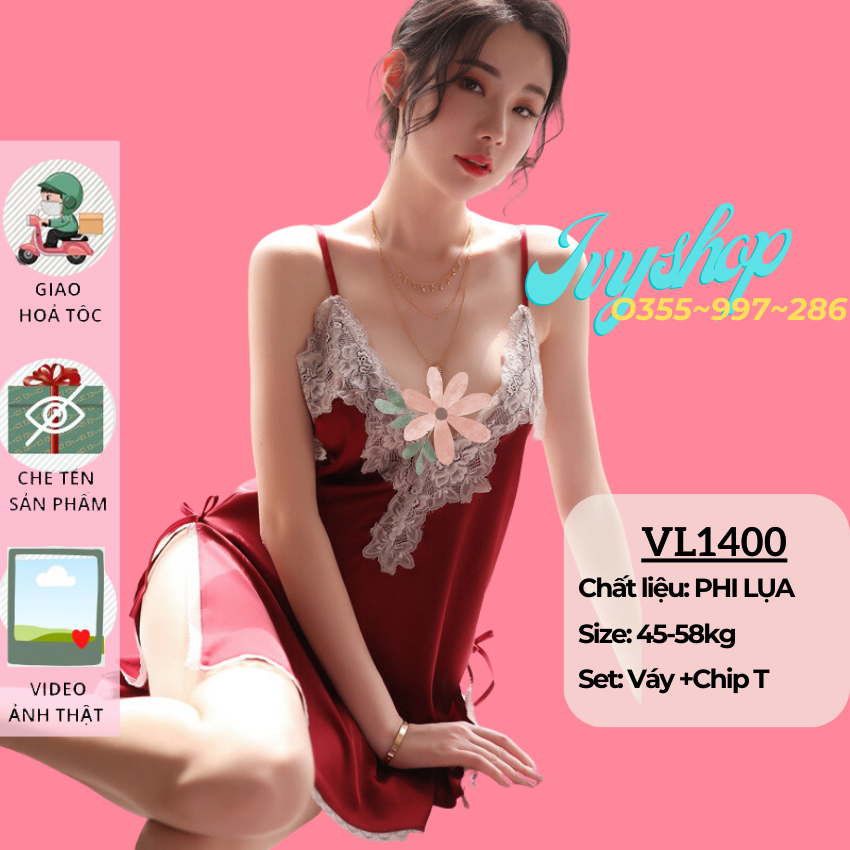 Váy ngủ phi lụa viền ren cao cấp xẻ tà 2 bên phối ren gợi cảm - VL1400 - Đầm Ngủ 2 Dây Xẻ Tà Siêu Xinh - 3 màu