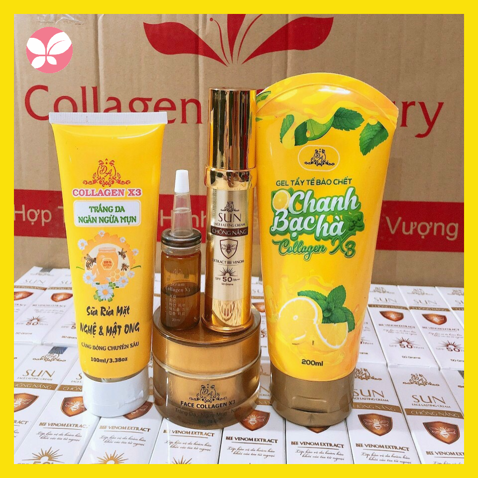 Combo Kem face X3 Collagen - Serum X3 - Sửa rửa mặt X3 nghệ - Tẩy tế bào Chanh bạc hà - Kem chống nắng X3 Đông Anh Chính hãng