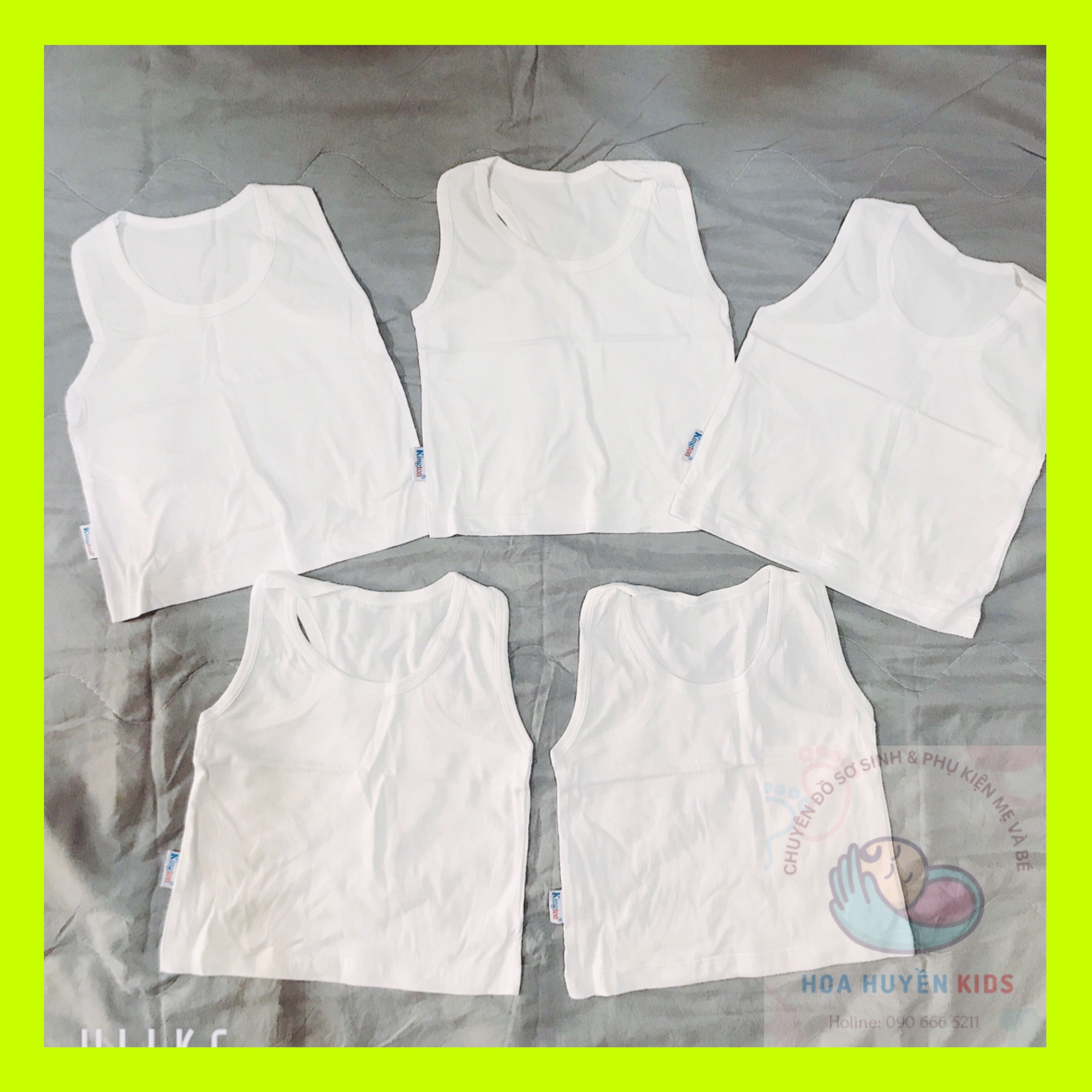 Combo 5 áo ba lỗ Trắng cho bé trai bé gái mặc nhà Chất 100% Cotton Cao Cấp Hiệu kington 4-12kg
